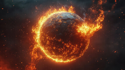 Obraz premium stunning Earth engulfed in flames with glowing edges, showcasing fiery atmosphere and dramatic lighting. This UHD rendering captures intensity of burning planet