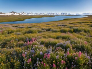 Fototapeta premium Beautiful spring landscape with blooming flowers, a serene lake mirroring the majestic mountains