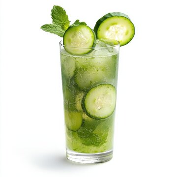 A refreshing cucumber mint mojito with muddled mint leaves and lime wedges, in a highball glass, isolated white background
