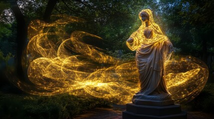 Obraz premium Serene statue enveloped in golden light trails.