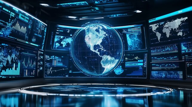 A high-tech news studio features a rotating Earth, vibrant graphics, and holographic displays of headlines.
