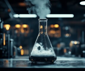 Laboratory flask with steam and bubbling liquid.