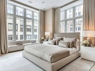Fototapeta premium Luxurious Beige Bedroom With City View Windows