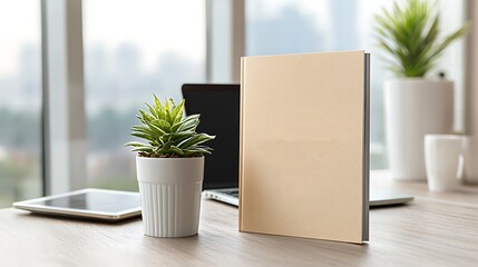 Fototapeta premium Stylish office workspace with succulent plant and blank book modern setting minimalist aesthetic