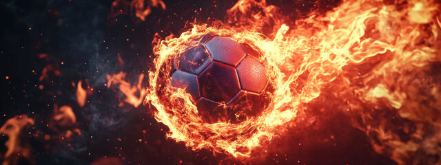 Fototapeta premium visually striking representation of soccer ball engulfed in flames, creating dynamic and intense atmosphere. fiery effect adds excitement and energy to image