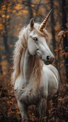 Obraz premium Majestic unicorn in enchanting autumn forest.