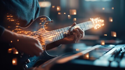 Fototapeta premium A close-up of hands playing an electric guitar with glowing effects, surrounded by a keyboard and ambient lighting.