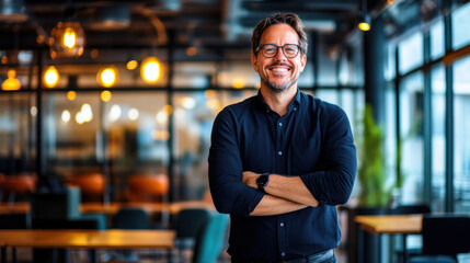Fototapeta premium A confident man with glasses smiling in a modern office setting, arms crossed and exuding professionalism.
