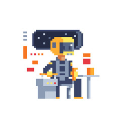 Fototapeta premium Programmer in a VR helmet, pilot controls spacecraft. Pixel 80's art style. Sci-fi character. Spaceship pilot. Isolated vector illustration. 