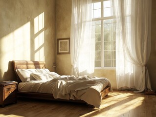 Fototapeta premium Sunlit Bedroom With Wooden Bed And Sheer Curtains