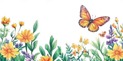Fototapeta premium Colorful Wildflower Border, vibrant wildflowers and green foliage with a delicate butterfly, hand-painted watercolor design for summer-themed decor and stationery. 