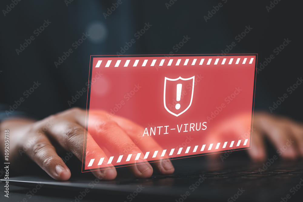 Aufkleber Firewall hacker protection safety and concept of antivirus alert. Businessman or personnel, programmer, or developer is using a computer laptop with an exclamation mark and a shield red sign.