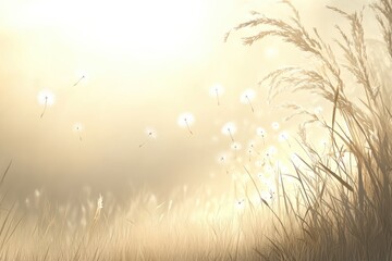 Fototapeta premium Dandelion Seeds Drifting in a Field of Golden Grass