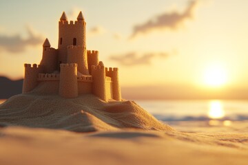 Obraz premium A stunning sandcastle stands majestically on the beach, illuminated by the warm glow of the sunset, creating a picturesque coastal scene.