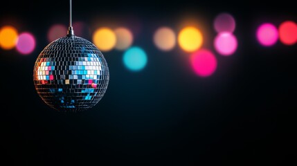 Obraz premium A sparkling disco ball hangs against a dark background, reflecting colorful bokeh lights that create a vibrant party atmosphere.
