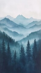 Obraz premium Serene mountain view with misty forest layers.