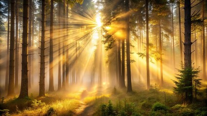 Obraz premium Sunlight Beams Through Foggy Forest, Illuminating Tall Trees and a Path Leading Deep Into the Woods