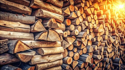 Fototapeta premium A Stack of Rustic Wooden Logs Bathed in Golden Sunlight, Creating a Warm and Inviting Atmosphere