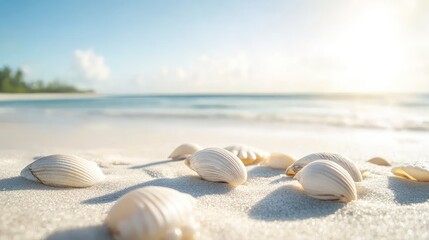 Fototapeta premium A close-up of white seashells scattered across a pristine sandy beach.