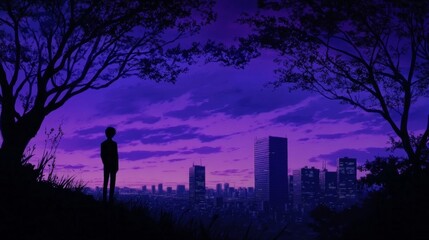 Fototapeta premium Silhouette of person against purple skyline.