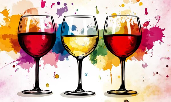 Three Wine Glasses with Colorful Watercolor Splashes