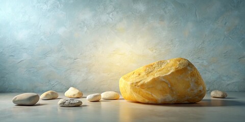 A Single Large Rock Against a Textured Wall with Smaller Stones Scattered in the Foreground