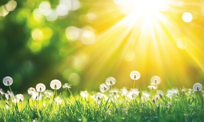 Obraz premium Dandelion Wishes in Sunlight, Green Grass, and Warm Rays - Nature's Beauty