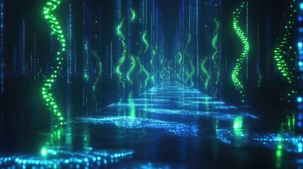 Naklejka premium A dark futuristic background with glowing green and blue helix patterns representing DNA.