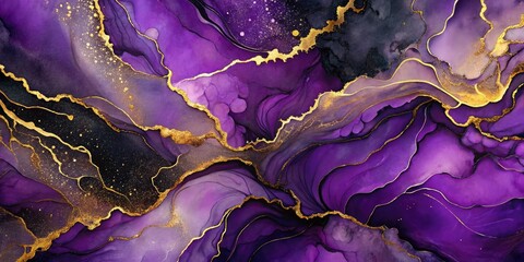 Obraz premium Trendy Purple Abstract Alcohol Ink Background with Golden Path Art for Book Cover and Brochure Design