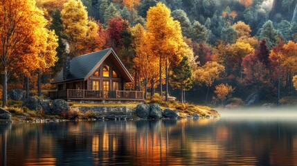 Fototapeta premium A cozy cabin nestled amidst vibrant autumn foliage on a tranquil lake.