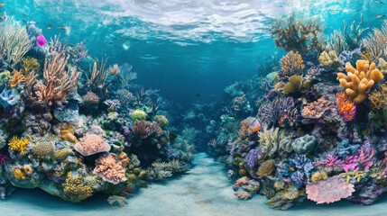 Obraz premium A vibrant underwater scene with a diverse coral reef teeming with marine life, showcasing the beauty and fragility of the ocean ecosystem.