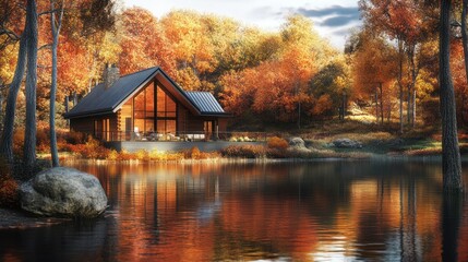 Obraz premium A modern cabin nestled in the autumn forest with a lake in the front.