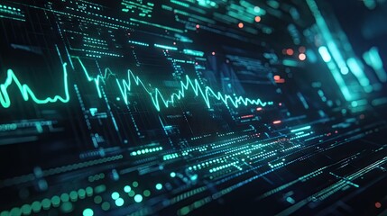 Obraz premium A luminous digital heartbeat line in green and blue glowing light on a dark futuristic screen.