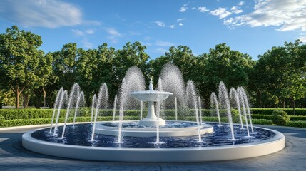 Fototapeta premium A white fountain with multiple water jets in a circular pool surrounded by lush greenery under a clear blue sky.