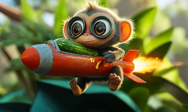 Adorable Cartoon Monkey Pilot Soaring on a Tiny Rocket with a Cucumber
