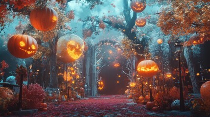 Fototapeta premium A magical forest path lined with glowing jack-o'-lanterns and autumn leaves, leading to a mysterious archway.