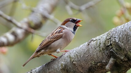 Fototapeta premium A sparrow is on a tree branch and making noise by shouting