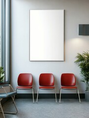 Fototapeta premium Modern Waiting Area With Empty Frame And Red Chairs