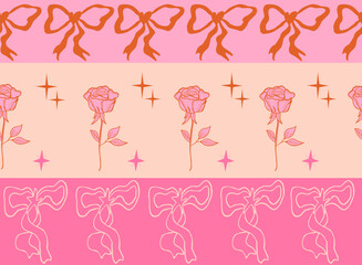 Romantic Groovy background with bows and roses. Simple minimalistic design for weddings, valentine's day. Trendy fancy illustration in 70s vintage style. © mila_okie