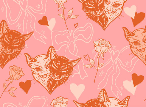 Groovy retro background with Couple of Cats. Concept for Valentine day. Romantric Wallpaper