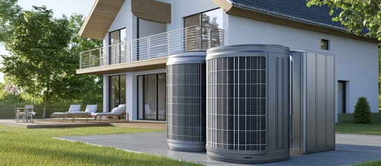Fototapeta premium Two air conditioning units outside a modern home with a large lawn and patio furniture.