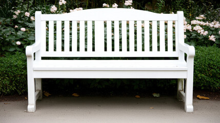 People Lifestyle white wooden bench surrounded by lush greenery and flowers
