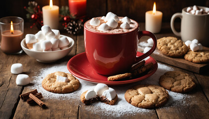 Fototapeta premium Freshly baked cookies of different shapes with icing and chocolate chips lie on a wooden table. Nearby is a cup of milk and the inscription 