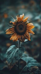 Naklejka premium Vibrant sunflower among dark foliage.