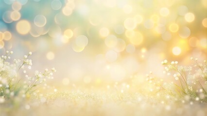 Obraz premium Delicate white flowers on a soft, golden backdrop, illuminated by warm, radiant lights, creating a serene and dreamy atmosphere.