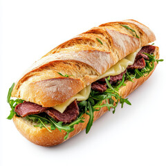 fresh baguette sandwich filled with arugula, cheese, and sliced meat, showcasing delicious and appetizing presentation. Perfect for quick meal or snack