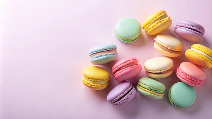 Obraz premium A colorful assortment of macarons on a pastel pink background, showcasing their delicate textures and vibrant hues
