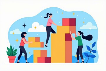 Naklejka premium Teamwork and Collaboration Illustration: Building Success Together with Colorful Blocks and Plants