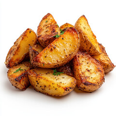 Golden roasted potato wedges with visible seasoning create delicious and appetizing dish. Perfect for side dishes or snacks, these crispy wedges are sure to please any palate