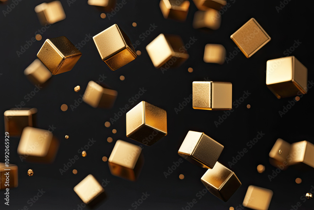 Wall mural floating golden cubes create mesmerizing effect on dark background